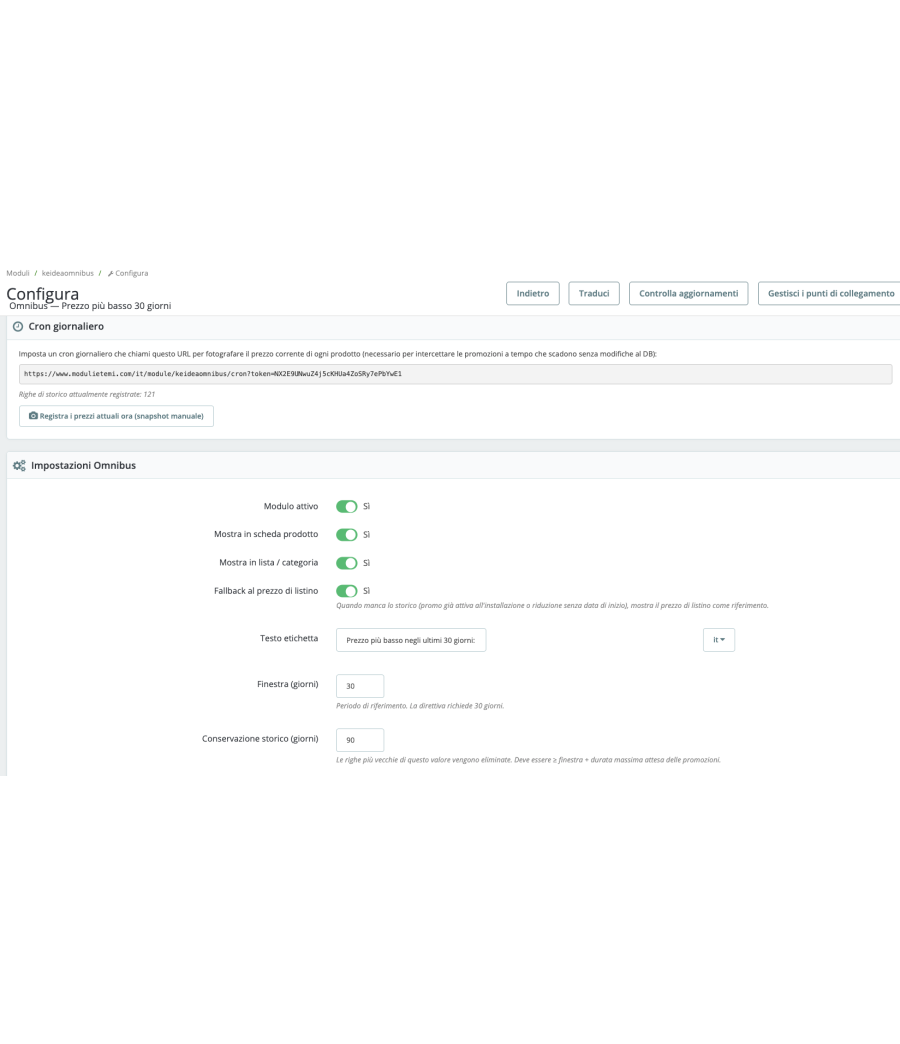Pagina di configurazione KeOmnibus nel backoffice PrestaShop con cron e impostazioni